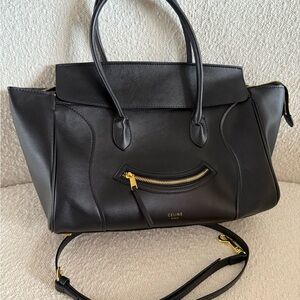 Celine Inspired Large Luggage Smiling Black Leather Tote Bag with Gold Hardware